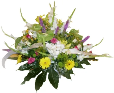 Funeral cushion with white gladioli, green anthurium, liatris, roses and yellow gerberas