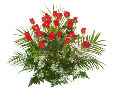 Centro en abanico de veinticuatro rosas rojas de tallo largo con hojas de palmera y paniculata