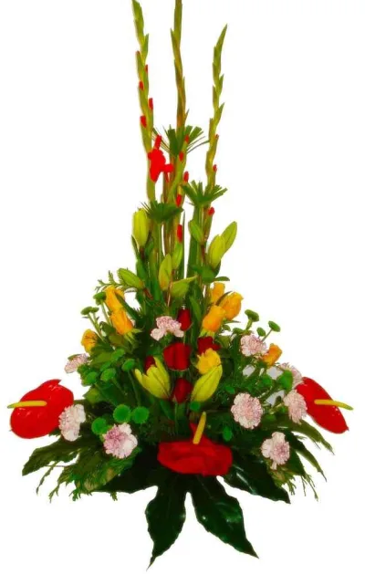 Centro floral alto con anthurium rojo, rosas, lilium, claveles rosas y gladiolos
