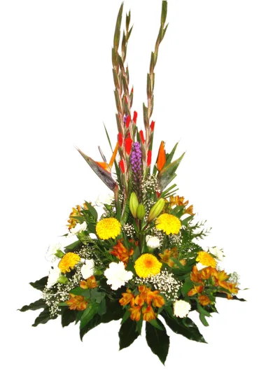 Centro floral tropical con ave del paraíso, gladiolos, crisantemos amarillos y alstroemerias