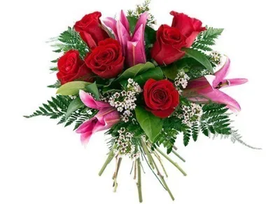 Ramo de seis rosas rojas con lilium rosa, flor de cera blanca y helecho verde
