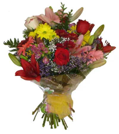 Ramo multicolor de rosas, lilium rojo y rosa, gerberas y margaritas amarillas